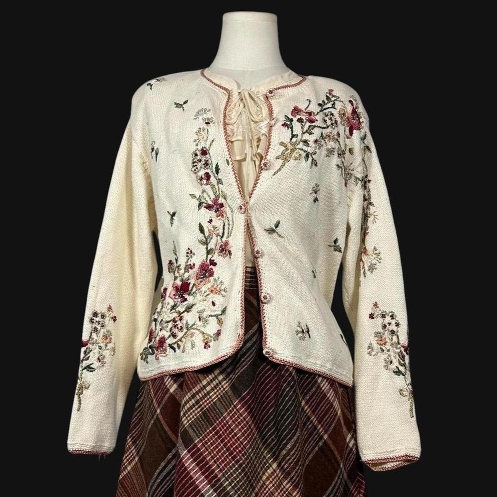 Vintage Cream Floral Beaded Embroidered Cardigan Petite M Cottagecore Prairie